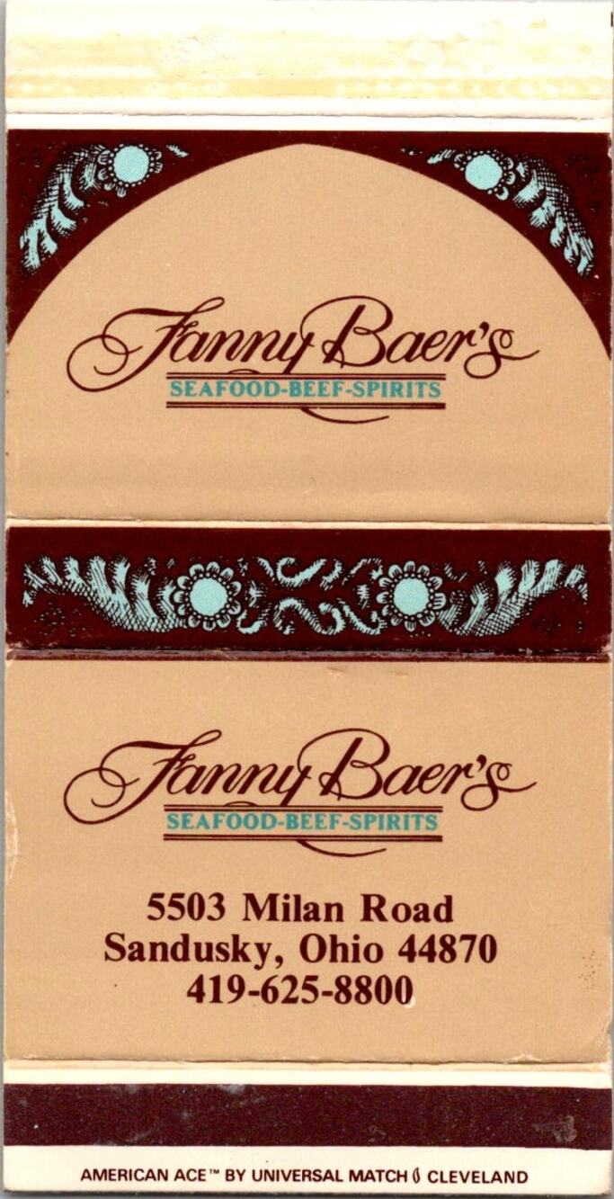 Fanny Baer's Seafood Beef & Spirits Sandusky Vintage Matchbook Matchbox SMM21-1